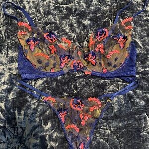 Honey Birdette Navy Bra and Thong Set with Pink & Coral Floral Embroidery